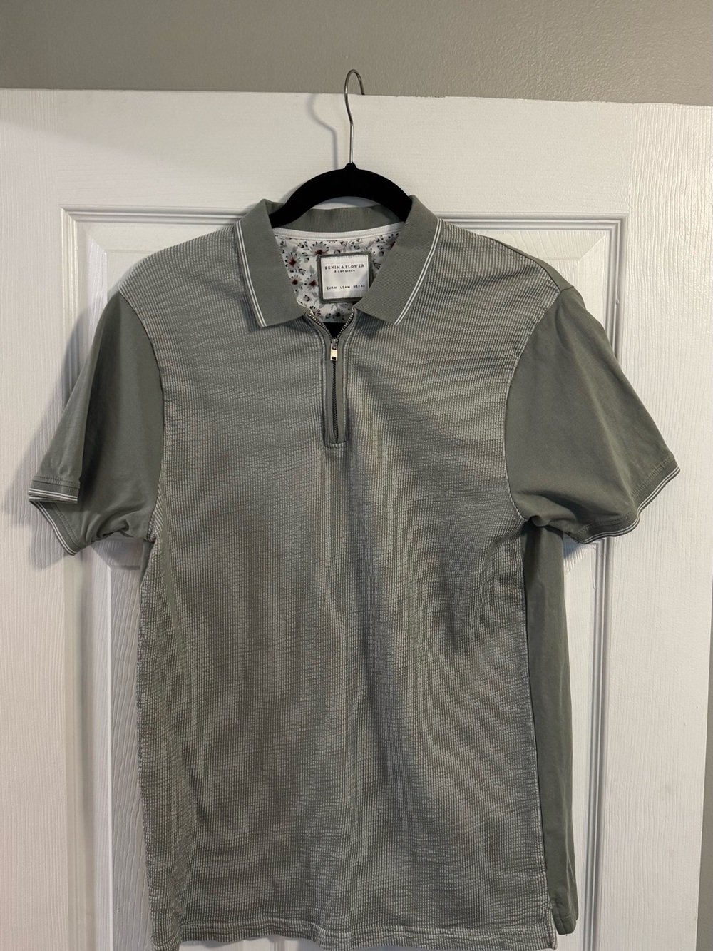 Denim & Flower Sage Green Zip Polo Shirt 100% cotton